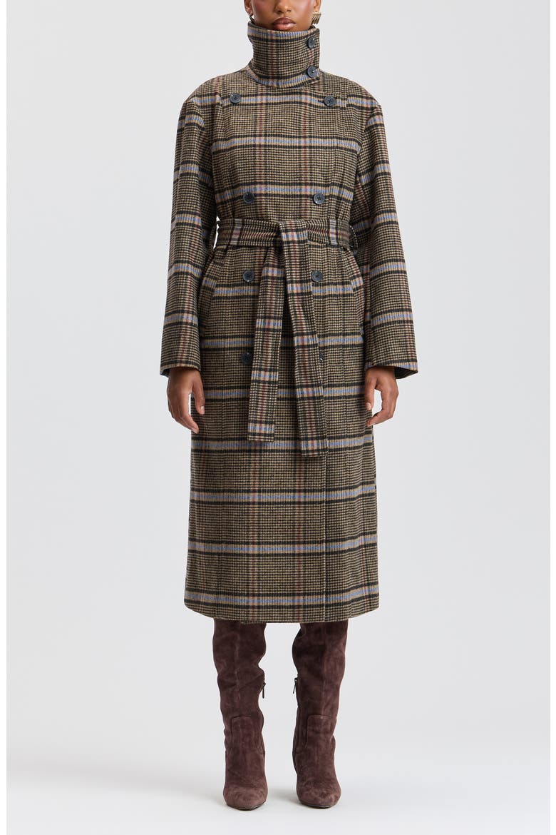 Funnel Neck Plaid Long Coat, Alternate, color, ACADEMIA PLAID