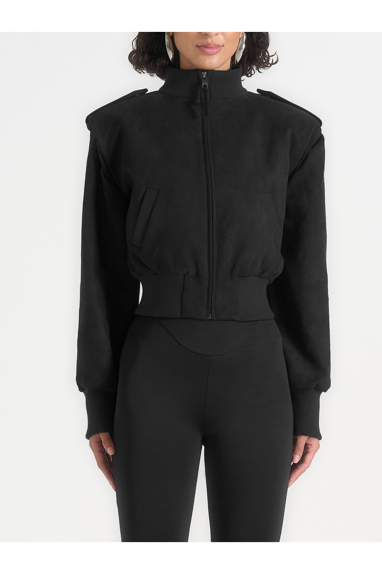 Delfina Suede Trench-Detail Bomber Jacket, Alternate, color, Black