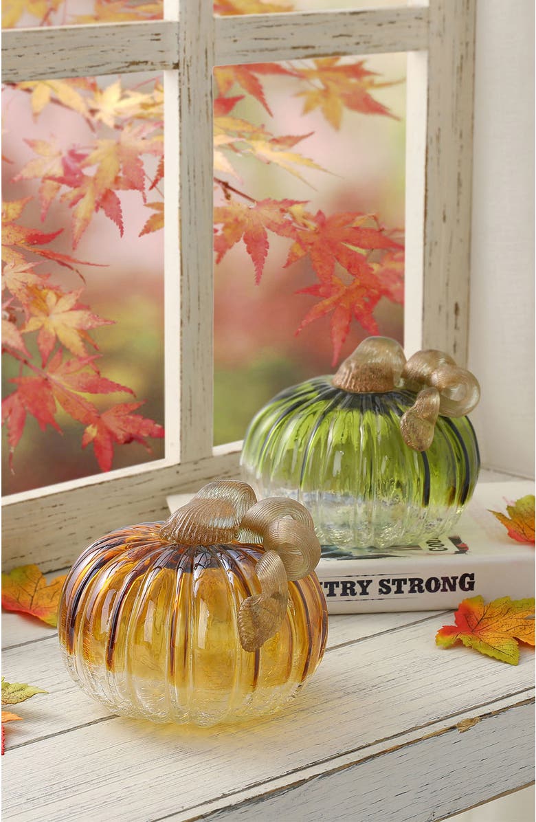 Glitzhome Set of 2 Glass Short Pumpkins, Alternate, color, Green