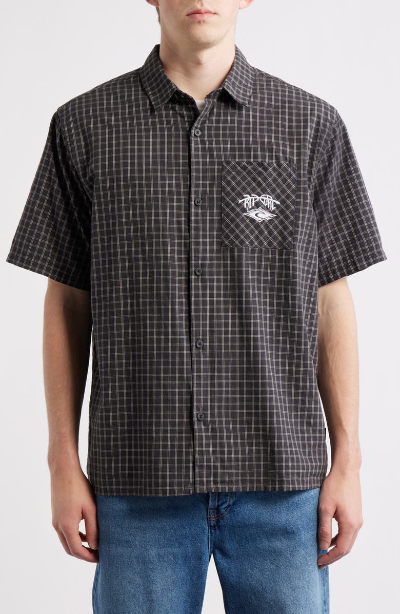 Rip Curl Liquid Trips Check Short Sleeve Button-Up Shirt, Alternate, color, Washed Black