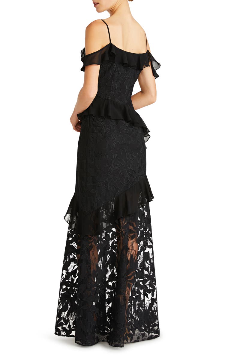 ML Monique Lhuillier Sienna Ruffle Cold Shoulder Lace Gown, Alternate, color,