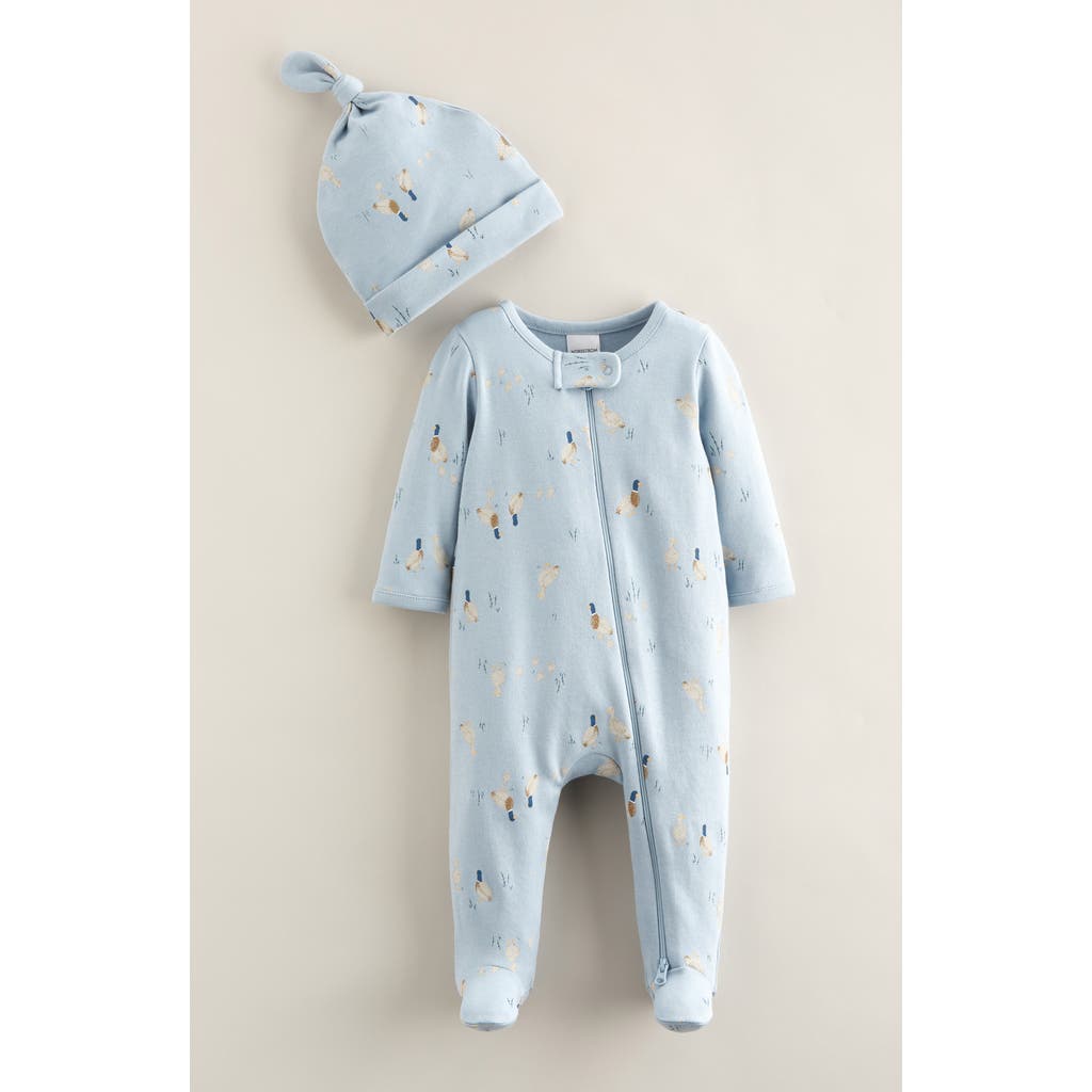 Nordstrom Print Zip Footie & Beanie Set In Blue
