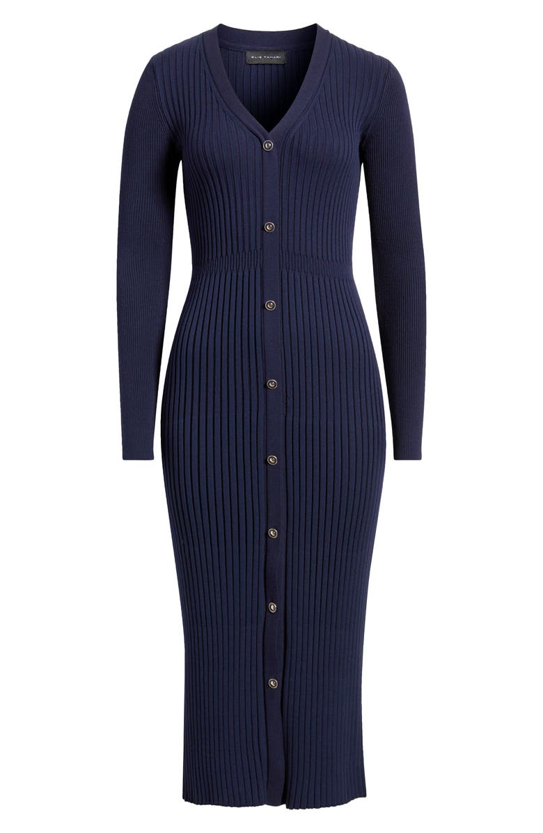 Elie Tahari The Monroe Long Sleeve Rib Midi Sweater Dress, Main, color, Navy