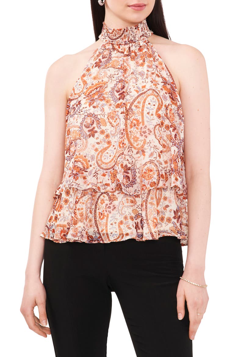 Paisley Print Smocked Halter Neck Blouse, Main, color, CREAM MULTI