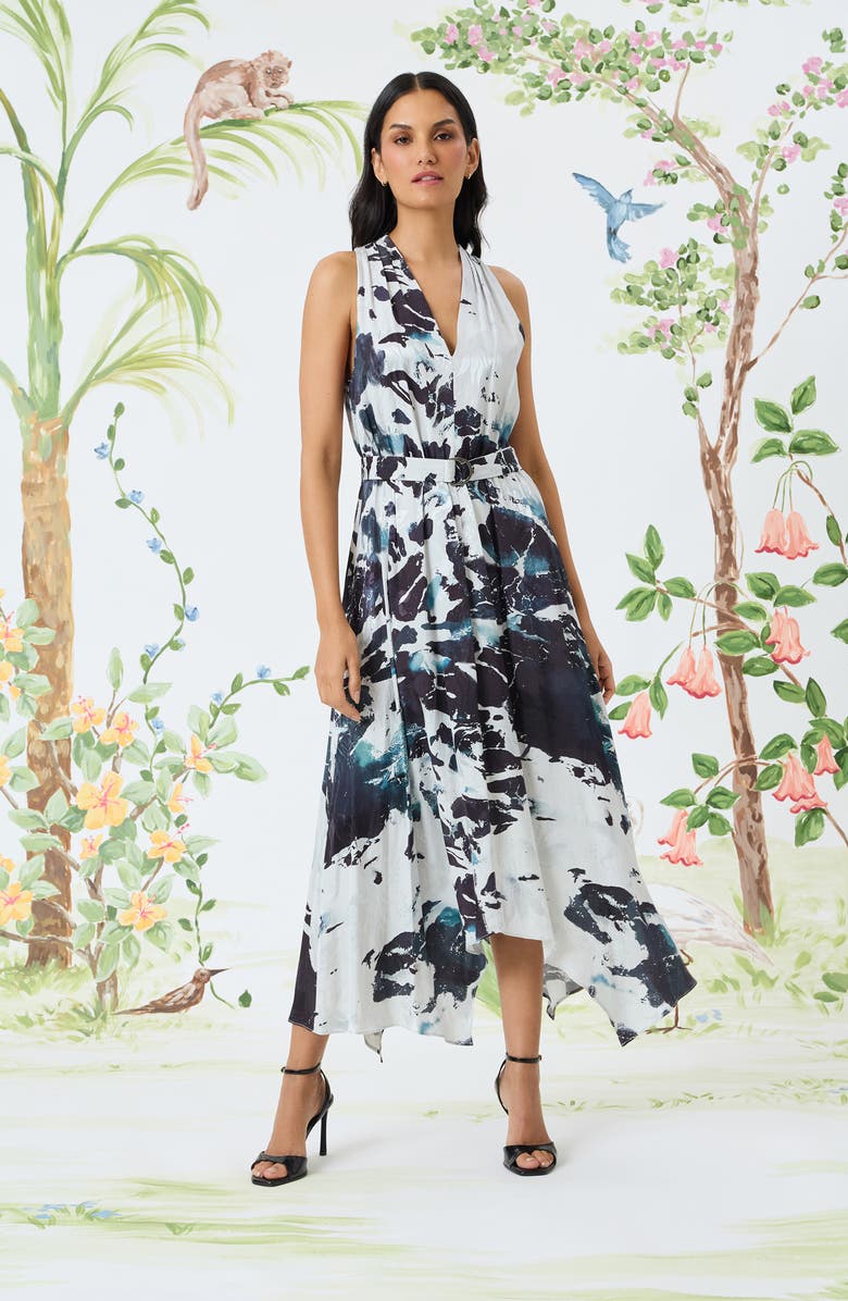 Maggy London Handkerchief Hem Midi Dress, Alternate, color, Black/ Silver/ Gray