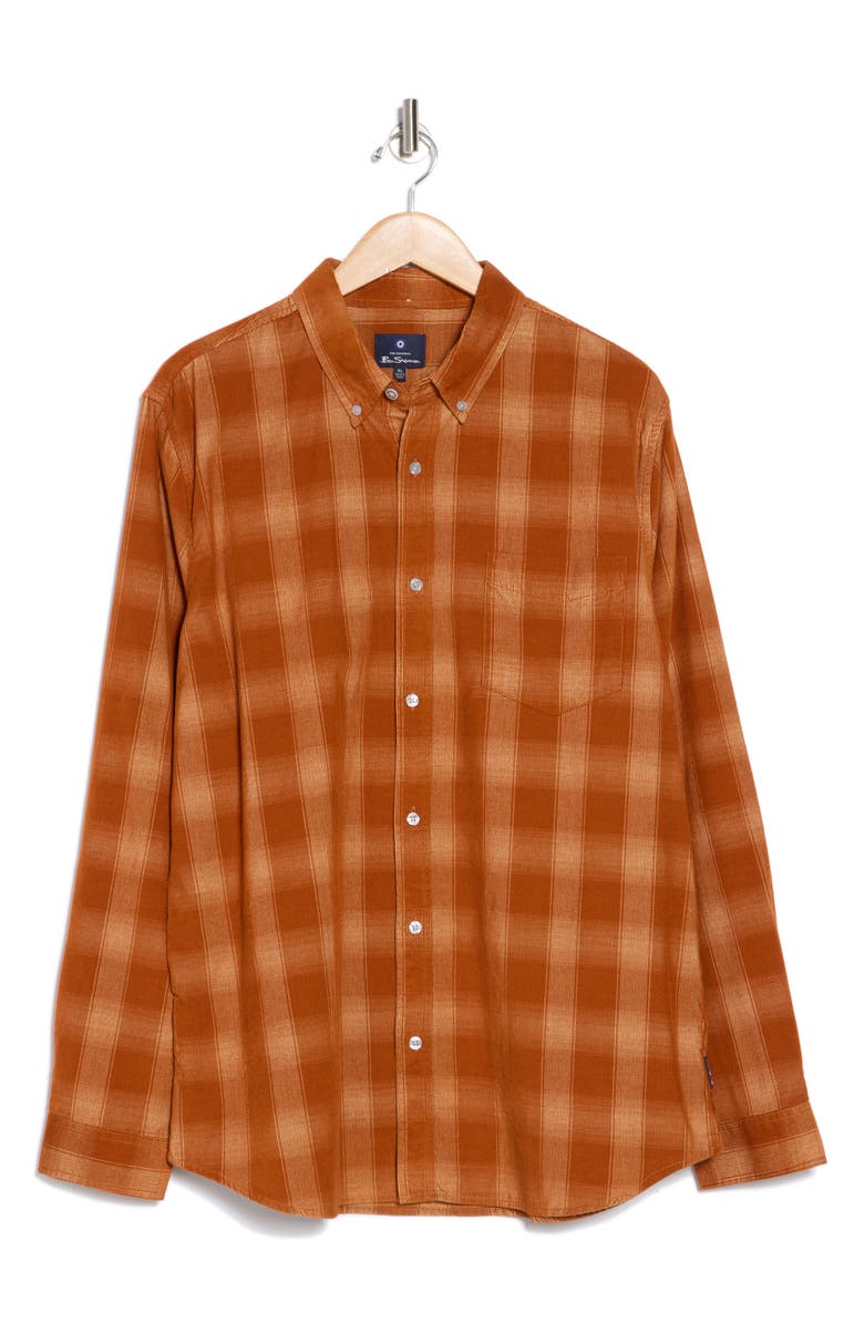Ben Sherman Ombré Check Corduroy Flannel Button-Up Shirt, Alternate, color, Caramel