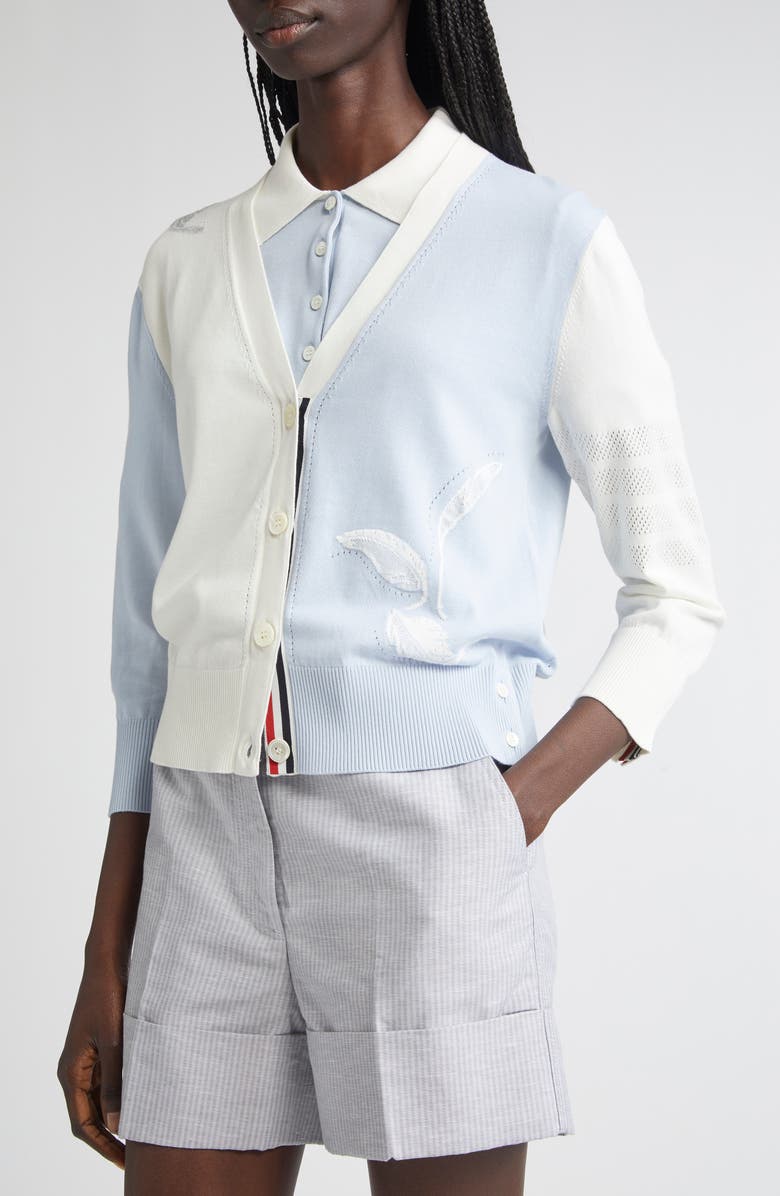 Thom Browne Fun-Mix 4-Bar Feather Intarsia Three Quarter Sleeve Cardigan, Alternate, color, Light Blue