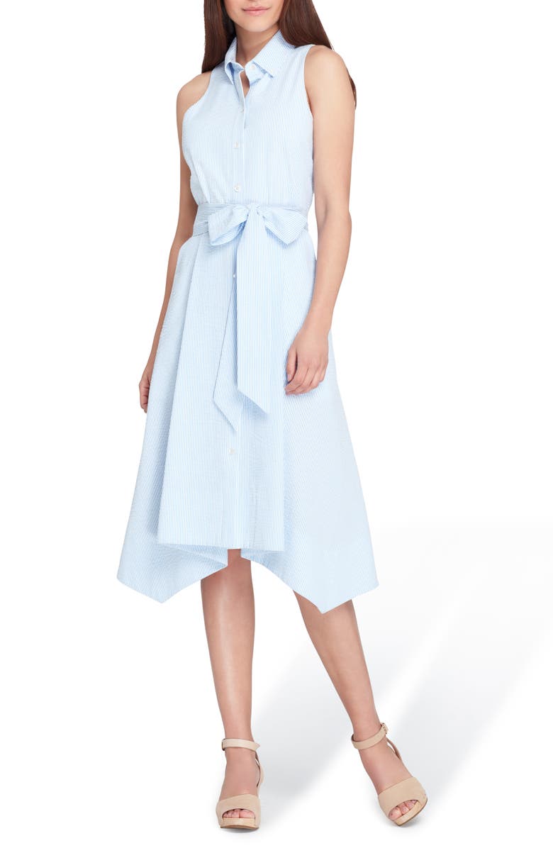 Tahari Sleeveless Stripe Seersucker Shirtdress, Main, color, 