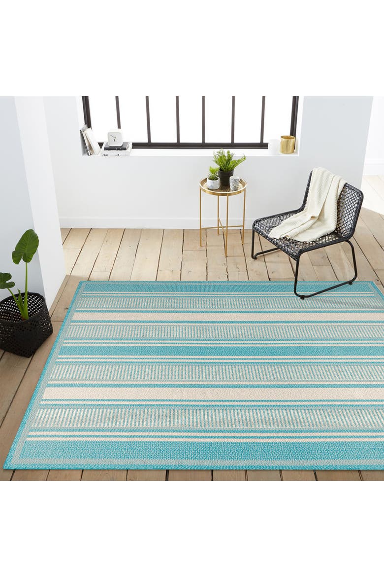 Haynes Modern Double Stripe Indoor/Outdoor Area Rug, Alternate, color, Aqua/Beige
