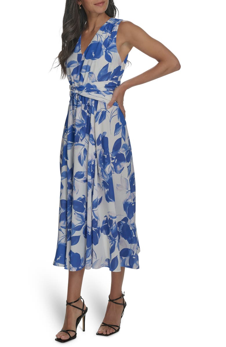 Calvin Klein Floral Knot Front Gauze Midi Dress, Alternate, color, 