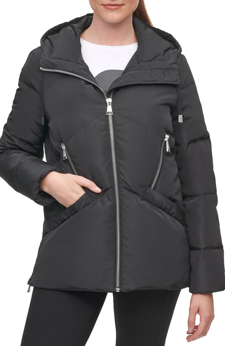 KARL LAGERFELD PARIS Water Resistant Hooded Down & Feather Puffer Jacket, Main, color, 