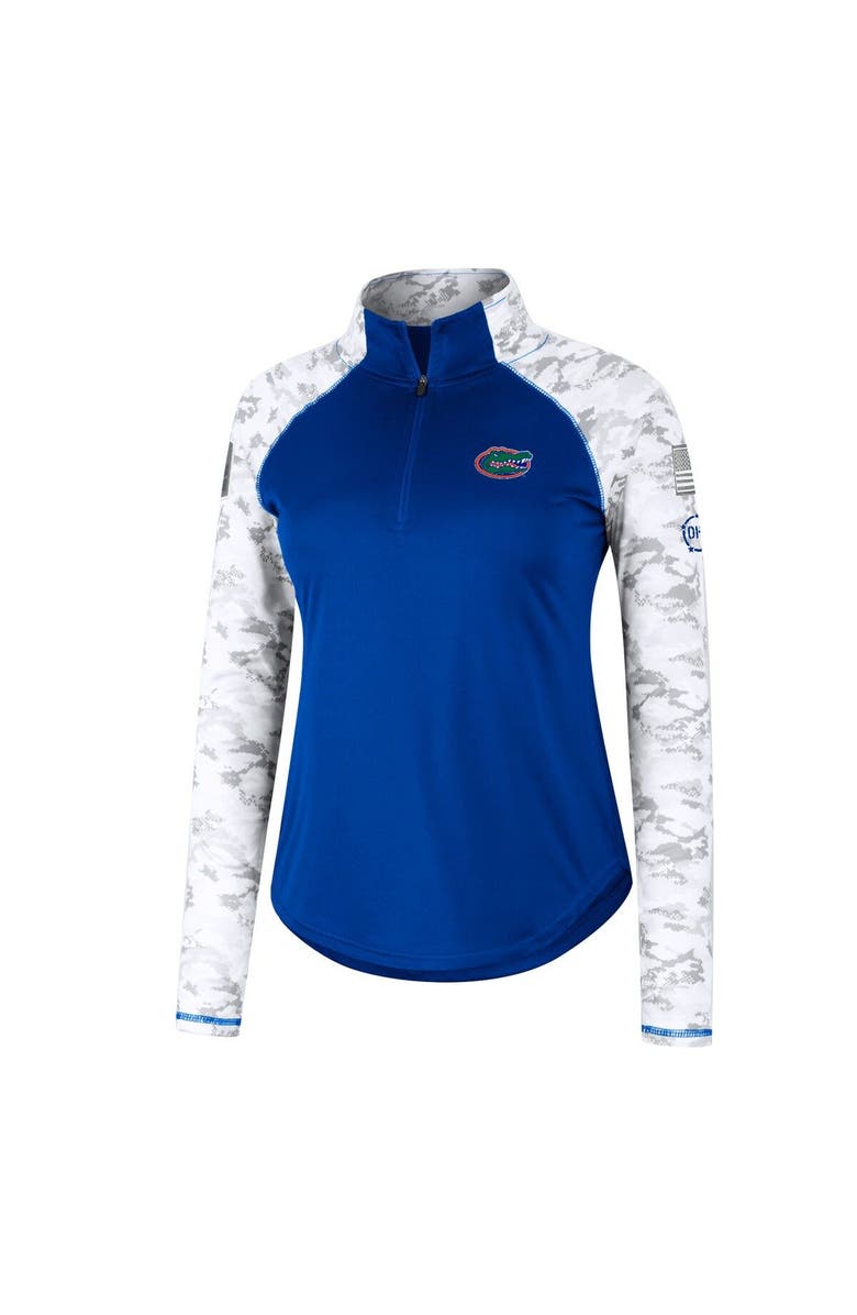 COLOSSEUM Women's Colosseum Royal Florida Gators OHT Military Appreciation Flash Arctic Camo Raglan Quarter-Zip Jacket, Alternate, color,