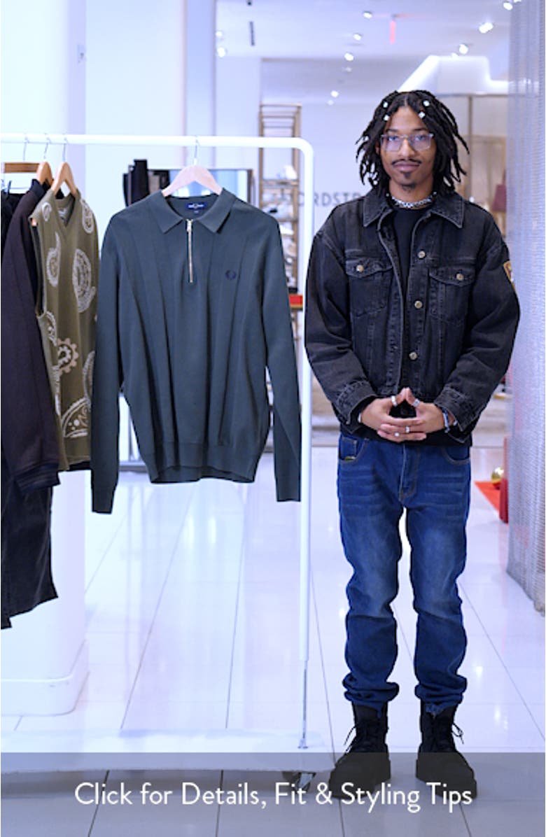 Long Sleeve Textured Stripe Cotton Zip Polo Sweater, sales video thumbnail