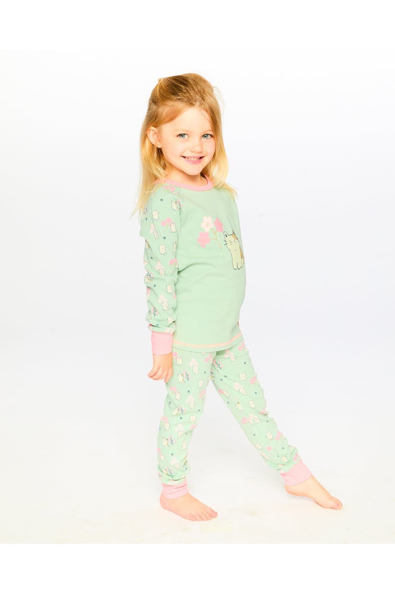 Organic Cotton Kitten Two-Piece Pyjama Set, Alternate, color, Green Kitten Print