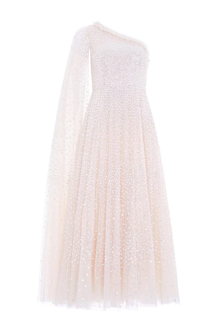 Scatter Dot One-Shoulder Ankle Gown, Alternate, color, Cream