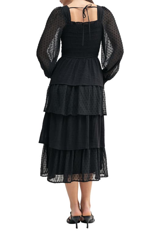 Mila Mae Swiss Dot Long Sleeve Chiffon Tiered Dress In Black