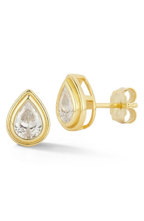 Cubic Zirconia Bezel Set Pear Stud Earrings