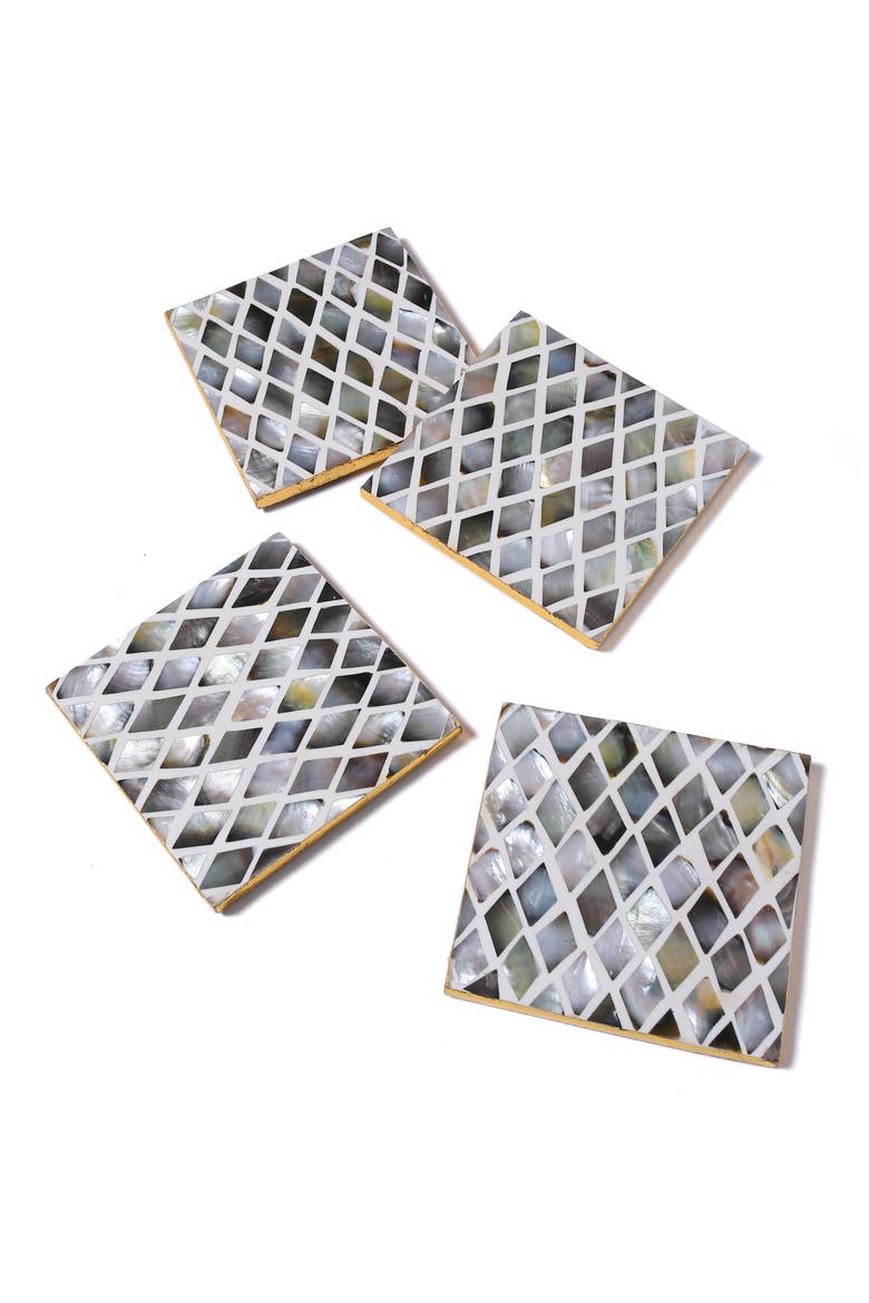 Mother-of-Pearl Set of 4 Coasters, Main, color, BLACK/ GREY
