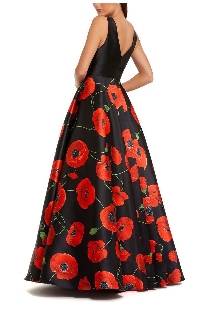 Mac Duggal Plunge Neck Ballgown With Floral Mikado Skirt, Alternate, color, Black