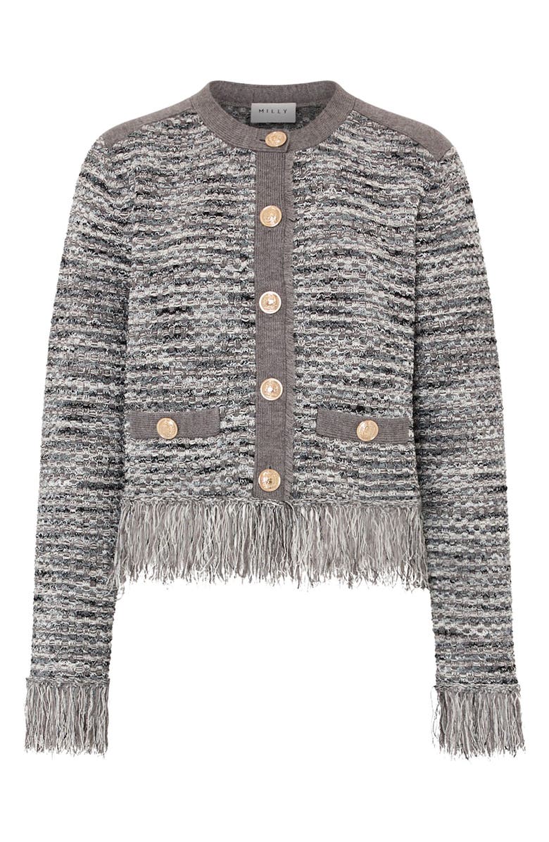 Milly Kaia Fringe Tweed Cardigan, Alternate, color, Grey Multi