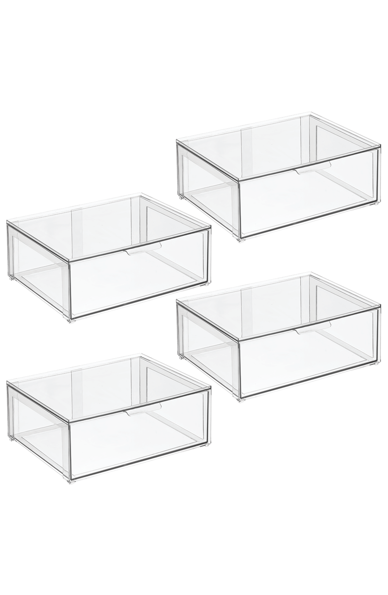 mDesign Plastic Stacking Closet Storage Organizer Bin with Drawer, 4 Pack, Clear, Main, color, Clear