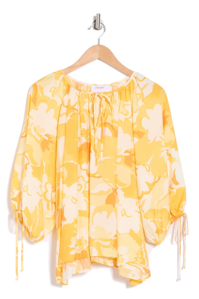Floral Tie Keyhole Balloon Sleeve Top, Alternate, color, YELLOW