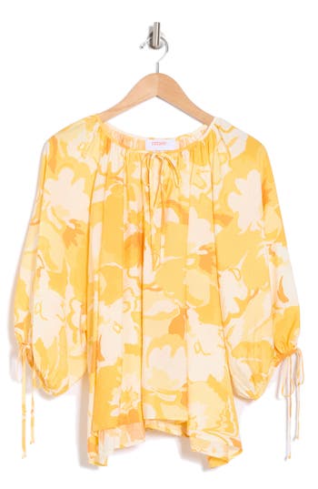 Renee C Floral Tie Keyhole Balloon Sleeve Top In Yellow