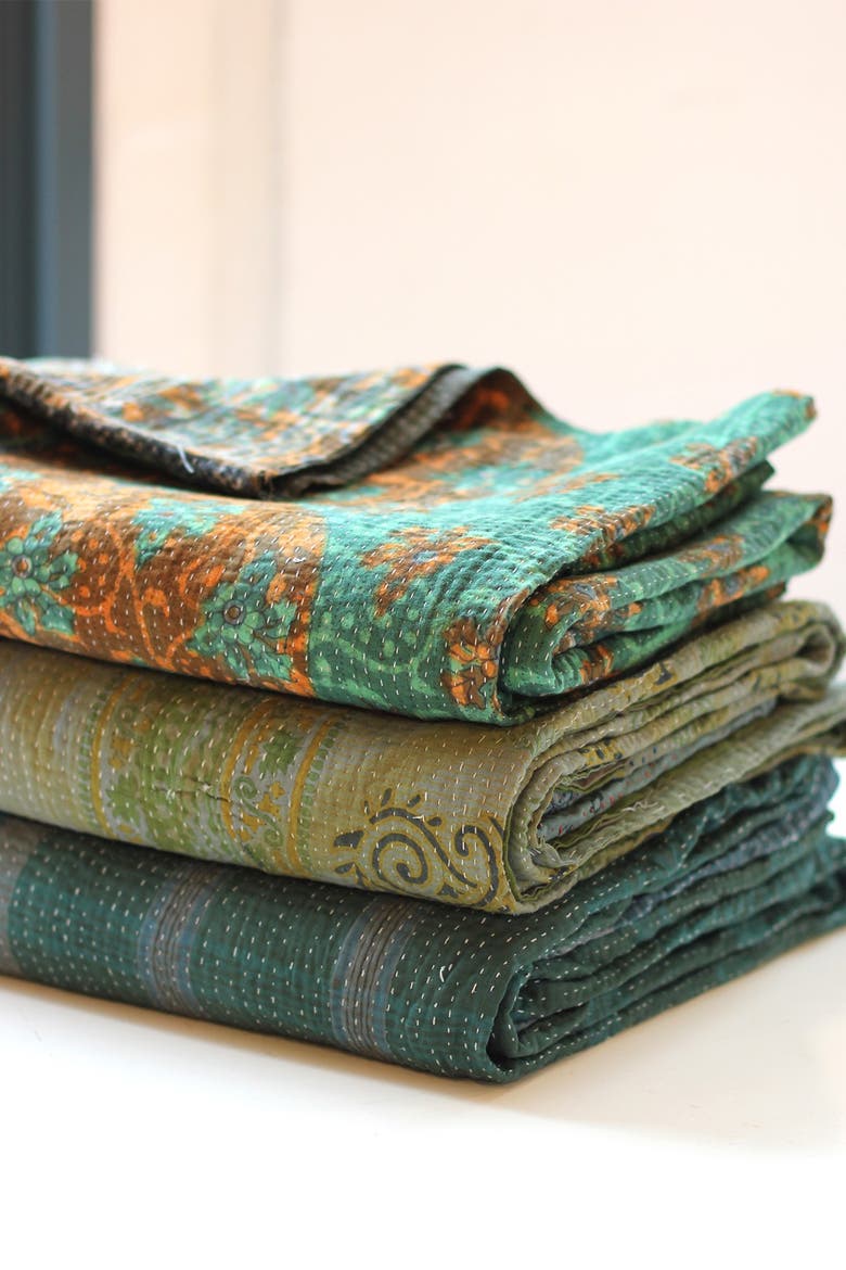 Overdyed Kantha Throw, Main, color, GREEN