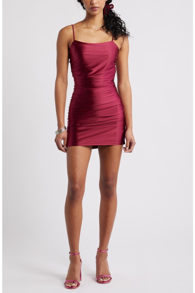 Ruched Satin Minidress, Main, color, BURGUNDY BEET