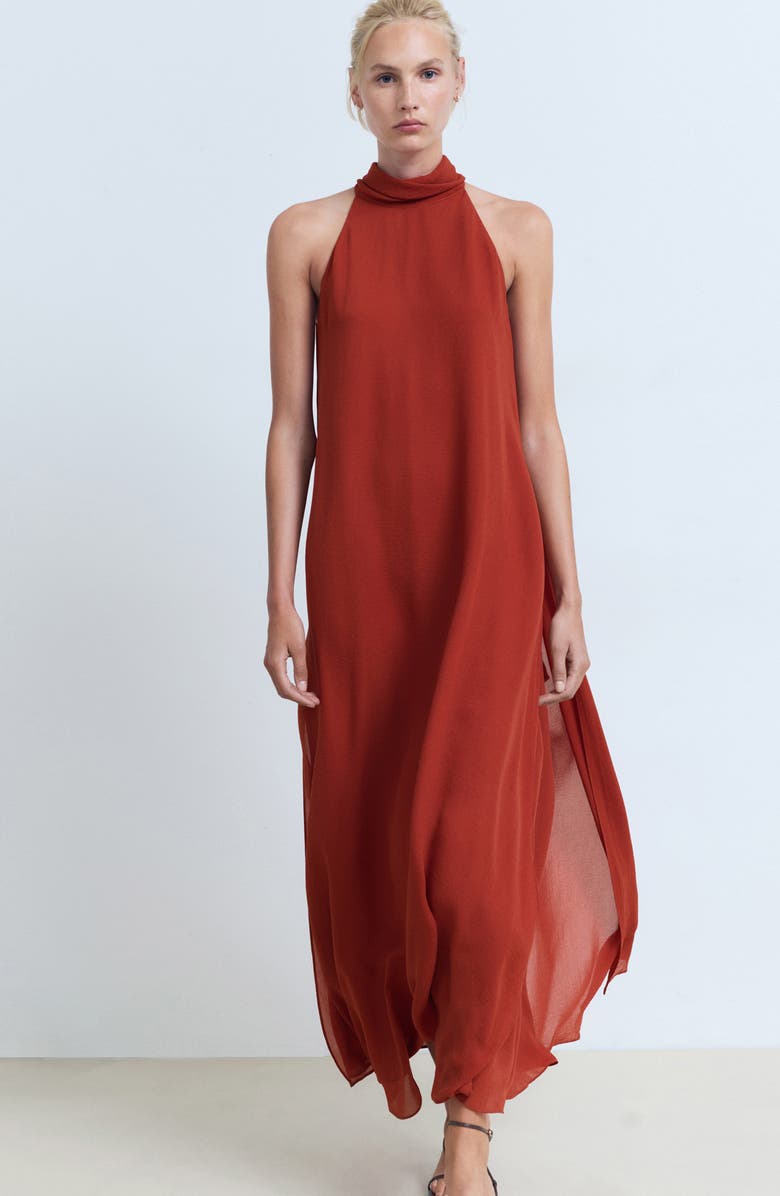 MANGO Tie Neck Sleeveless Maxi Dress, Alternate, color, Burnt Orange