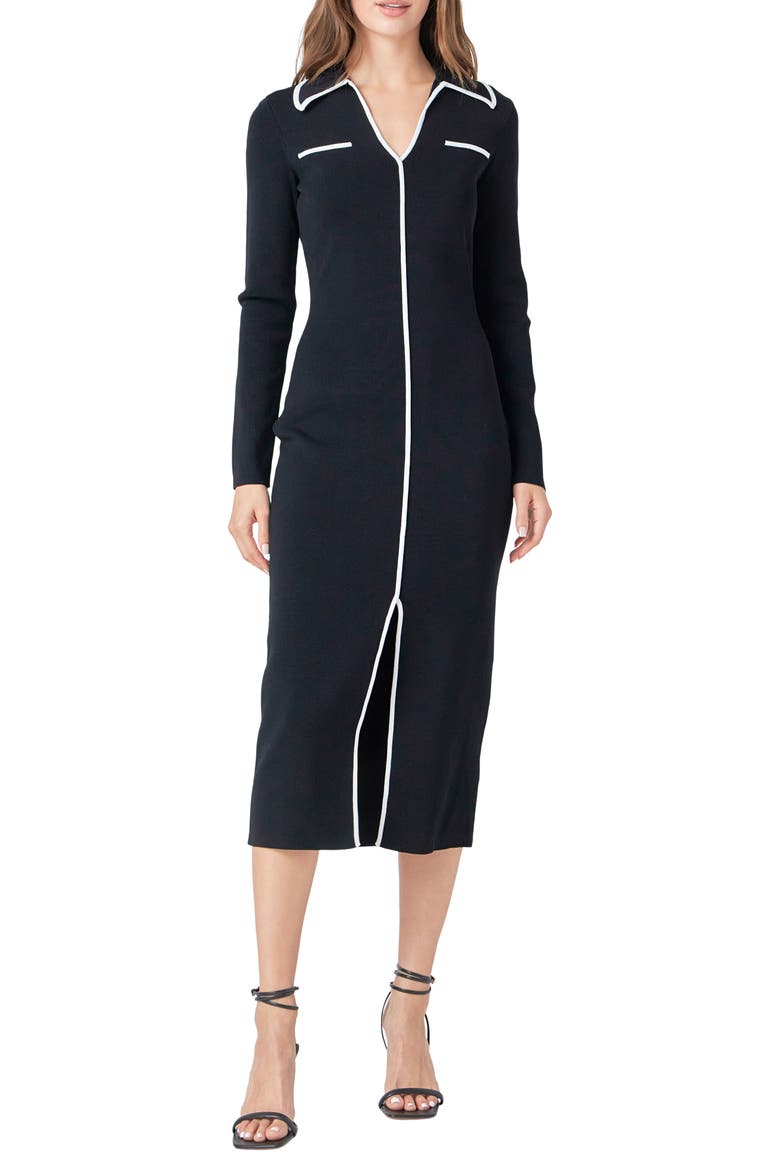 Contrast Trim Long Sleeve Knit Dress, Main, color, BLACK