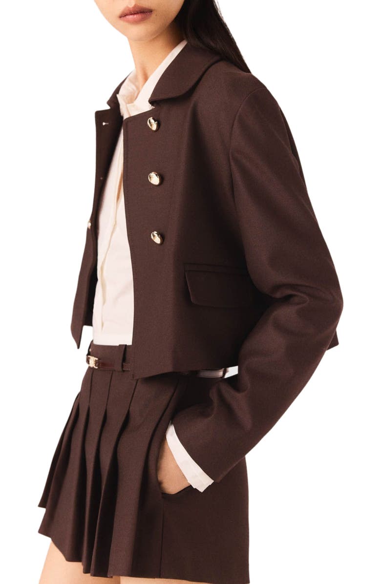 maje Short double-breasted jacket, Alternate, color, Brown