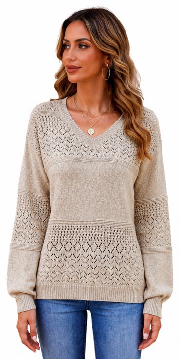Pointelle Knit V-Neck Sweater