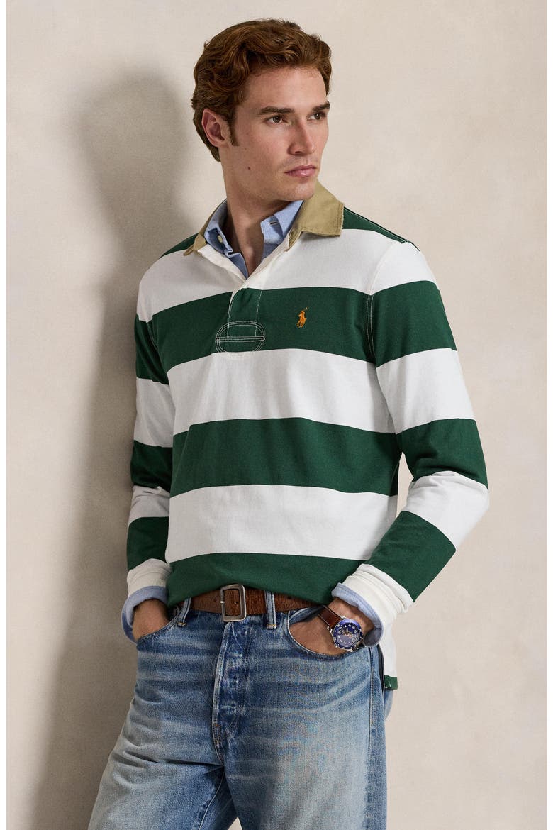 Classic Fit Khaki Collar Rugby Shirt, Alternate, color, GRASS GREEN/ TROPHY CREAM