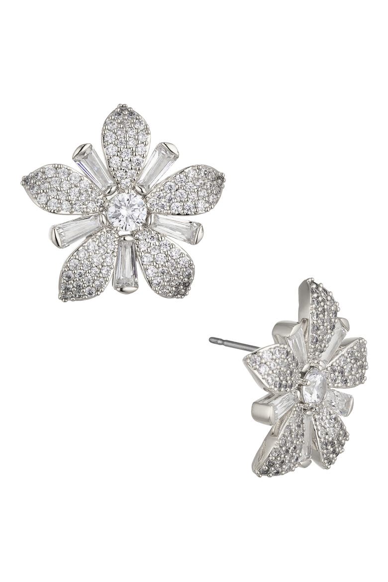 Freya Pavé XL Flower Stud Earrings, Main, color, RHODIUM