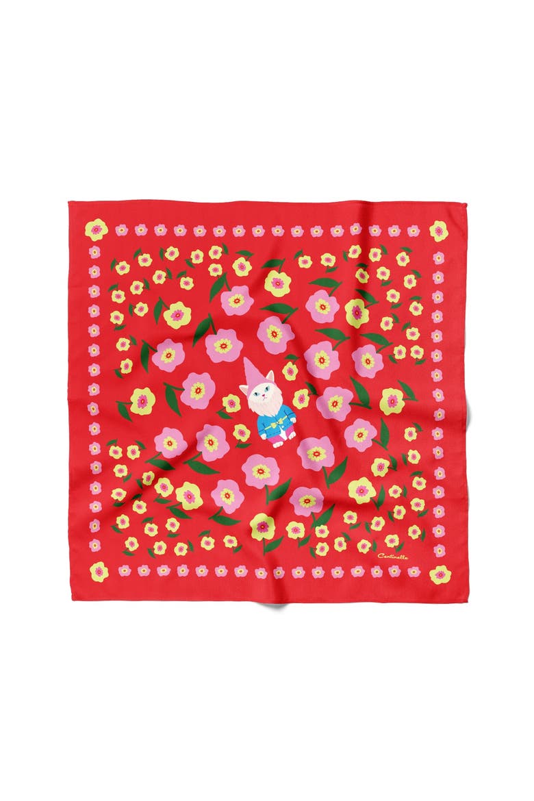 Cat Garden Gnome Cotton Silk Bandana, Main, color, Red