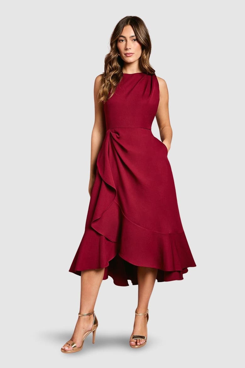 Waterfall Crepe Midi Dress, Main, color, Burgundy