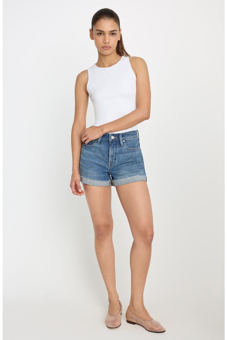 Good Girlfriend Raw Hem Denim Shorts, Alternate, color, INDIGO