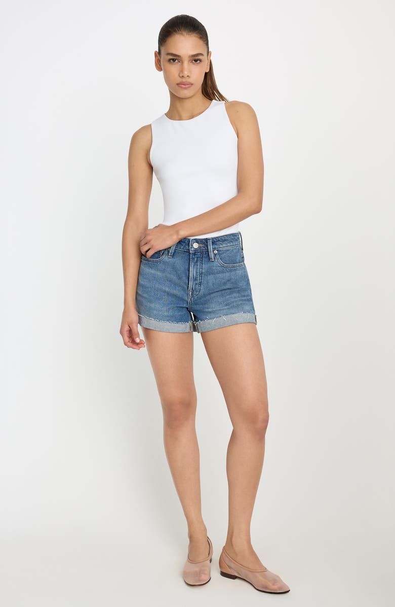 Good American Good Girlfriend Raw Hem Denim Shorts, Alternate, color, Indigo