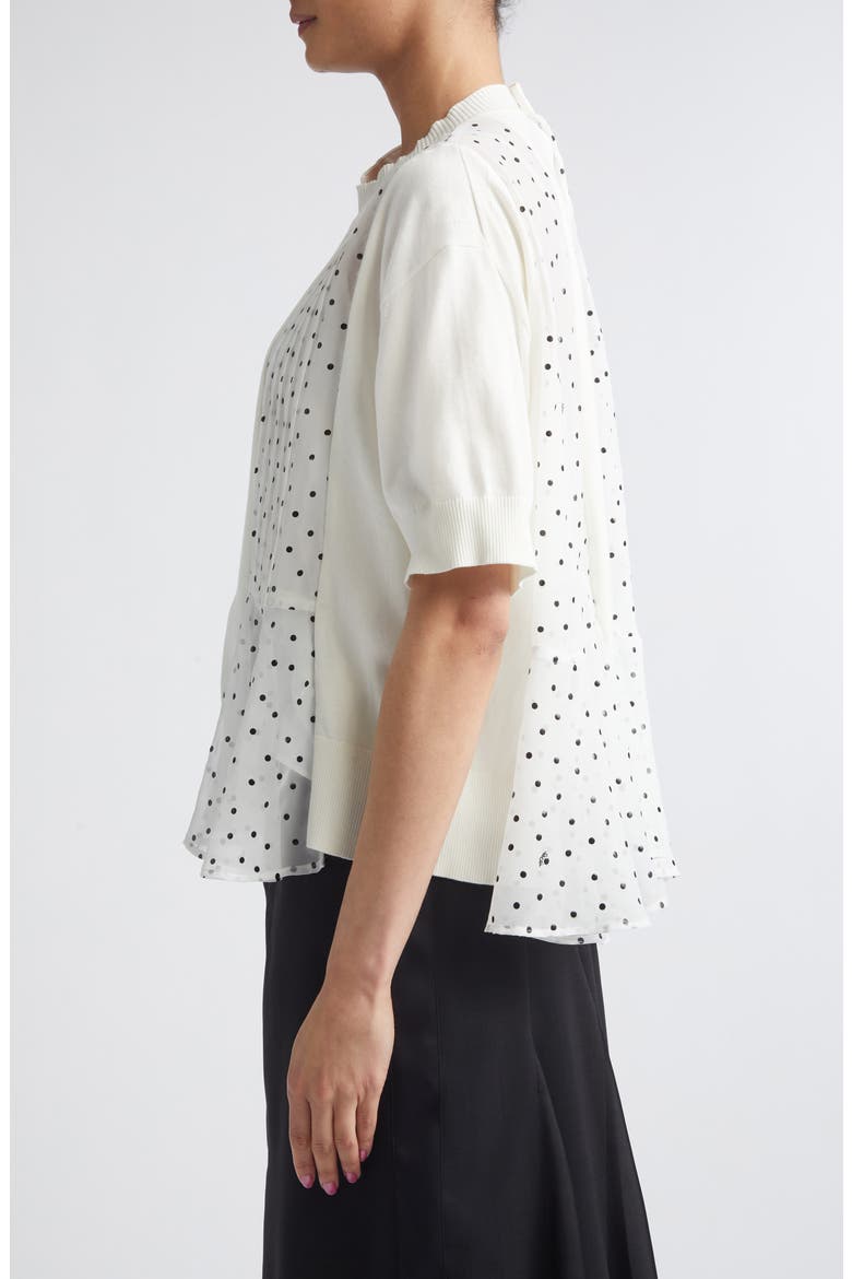 Pleated Polka Dot Mixed Media Top, Alternate, color, WHITE