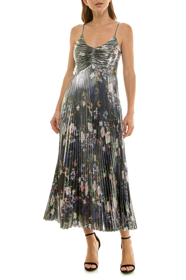 Metallic Floral Empire Waist Pleated Midi Dress, Alternate, color, SPRING BLACK METALLIC