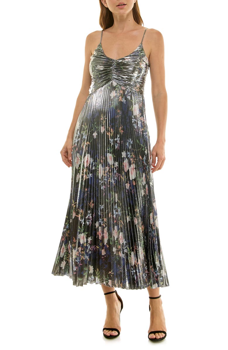 Nicole Miller Pleated Metallic Maxi Dress, Alternate, color, Spring Black Metallic