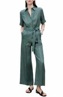 MANGO Short Sleeve Linen Jumpsuit