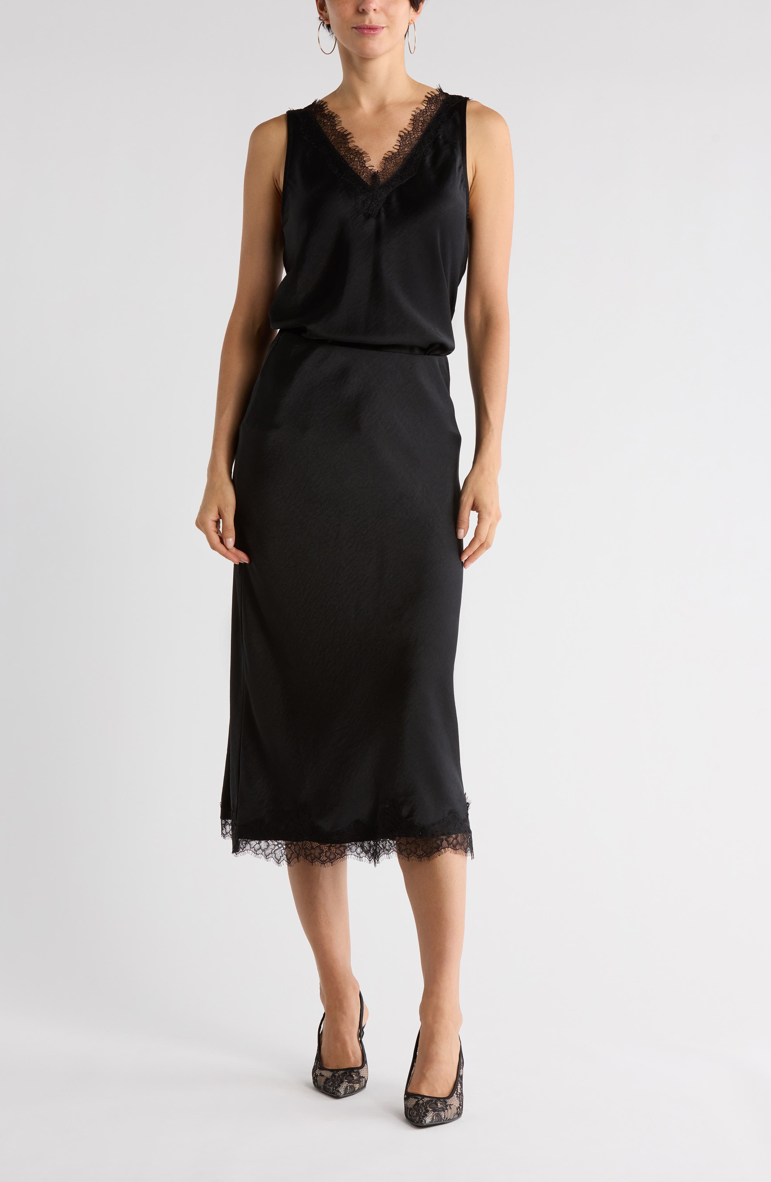NORDSTROM RACK Lace Trim Satin Midi Skirt