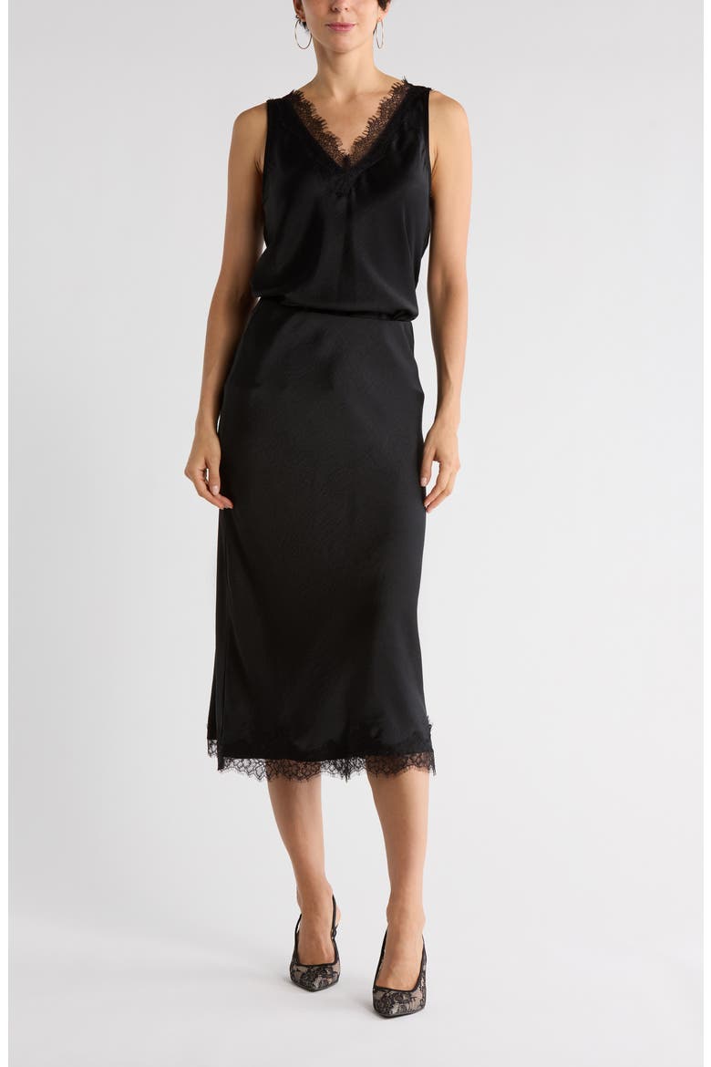 Lace Trim Satin Midi Skirt, Main, color, BLACK