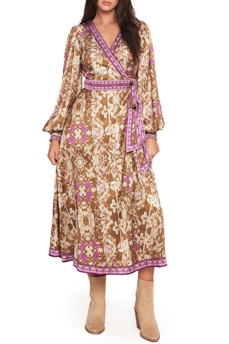 Long Sleeve Wrap Midi Dress, Main, color, BROWN