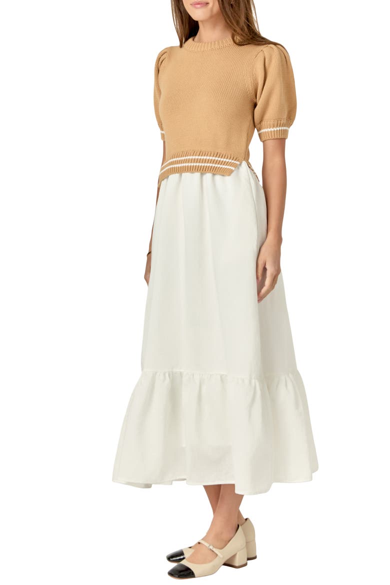 Mixed Media Midi Dress, Alternate, color, TAN/ WHITE