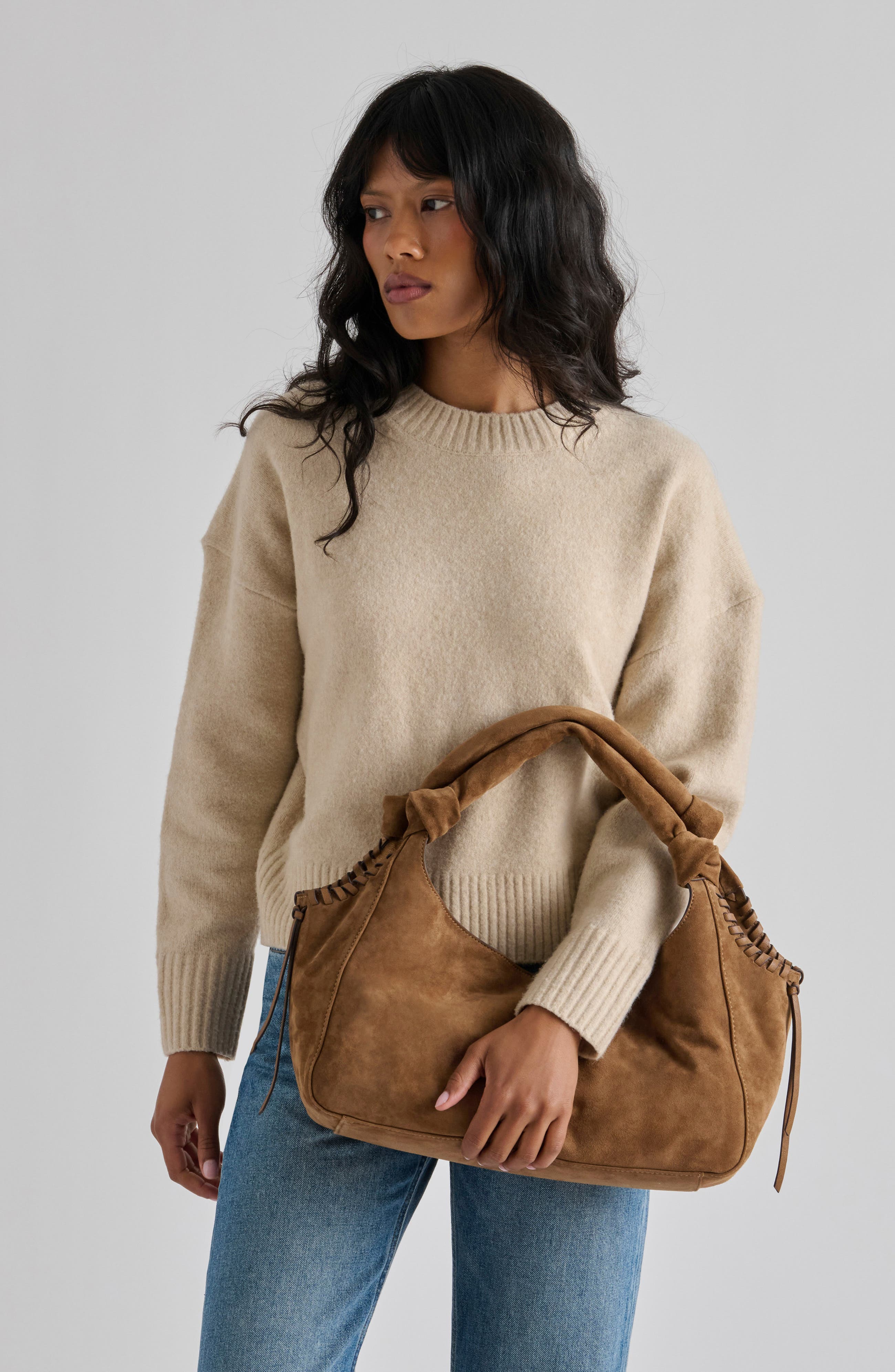 Paola Suede Hobo, Alternate, color, DARK TAN