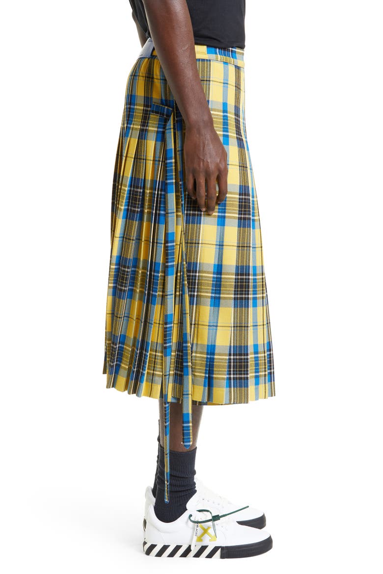Gender Inclusive Double Buckle Plaid Wool Kilt, Alternate, color, YELLOW/ BLUE