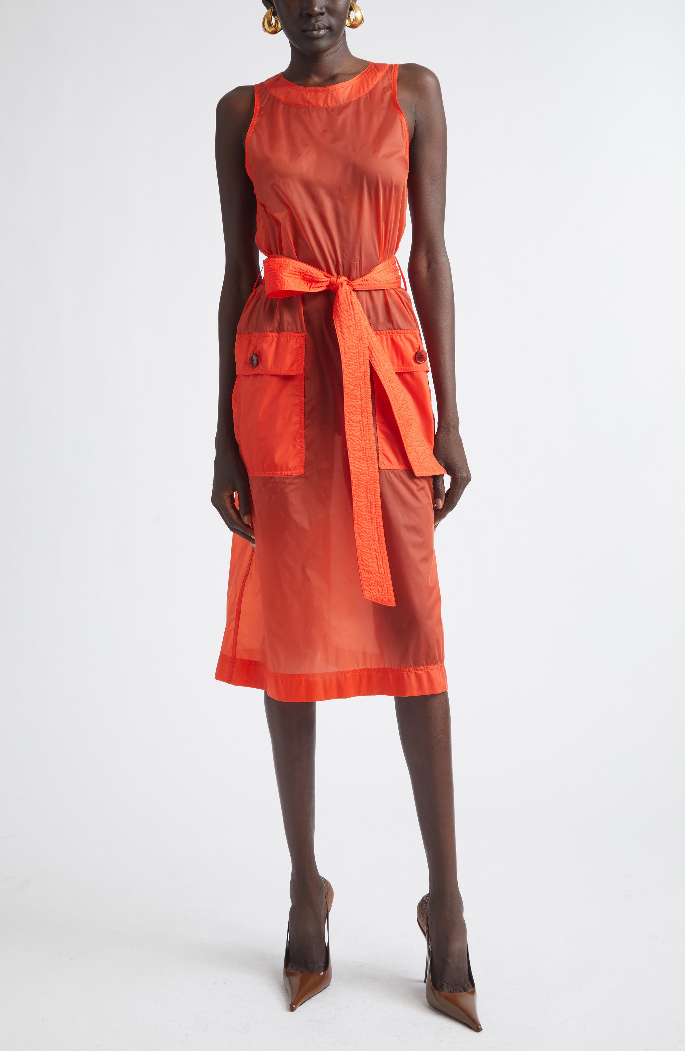 Button Back Belted Nylon Dress